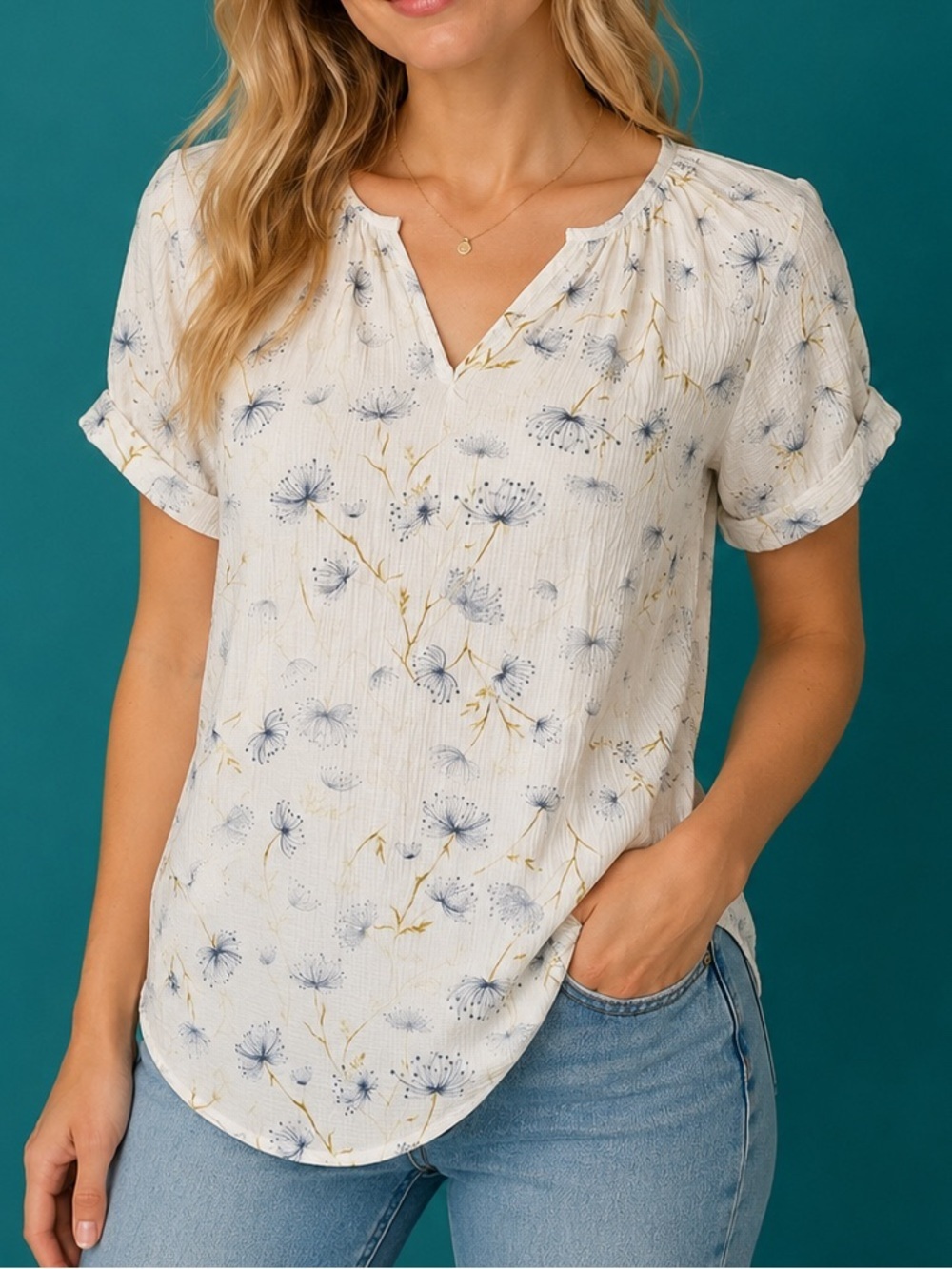 ANA A New Approach V-Neck Blouse| White & Blue Floral | Cap Sleeve